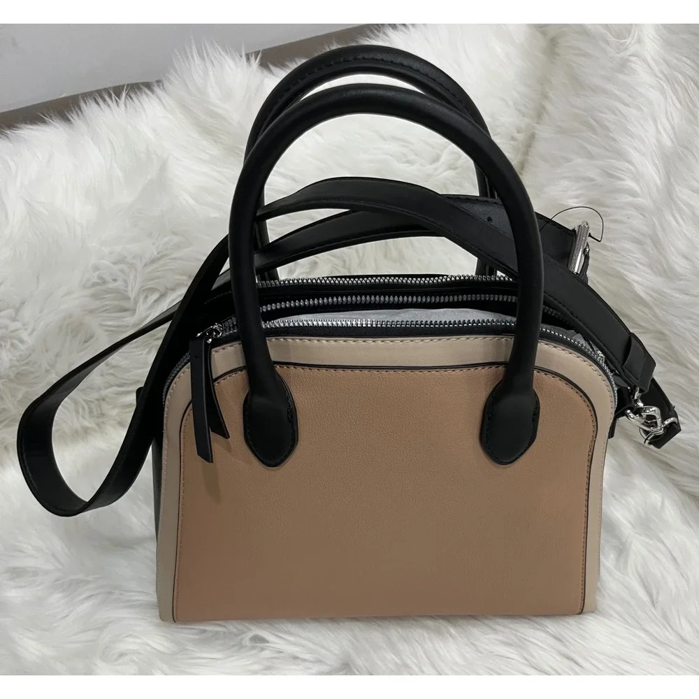 Nine West Women's Satchel Handbag Beige Black Top Handle Crossbody NWT